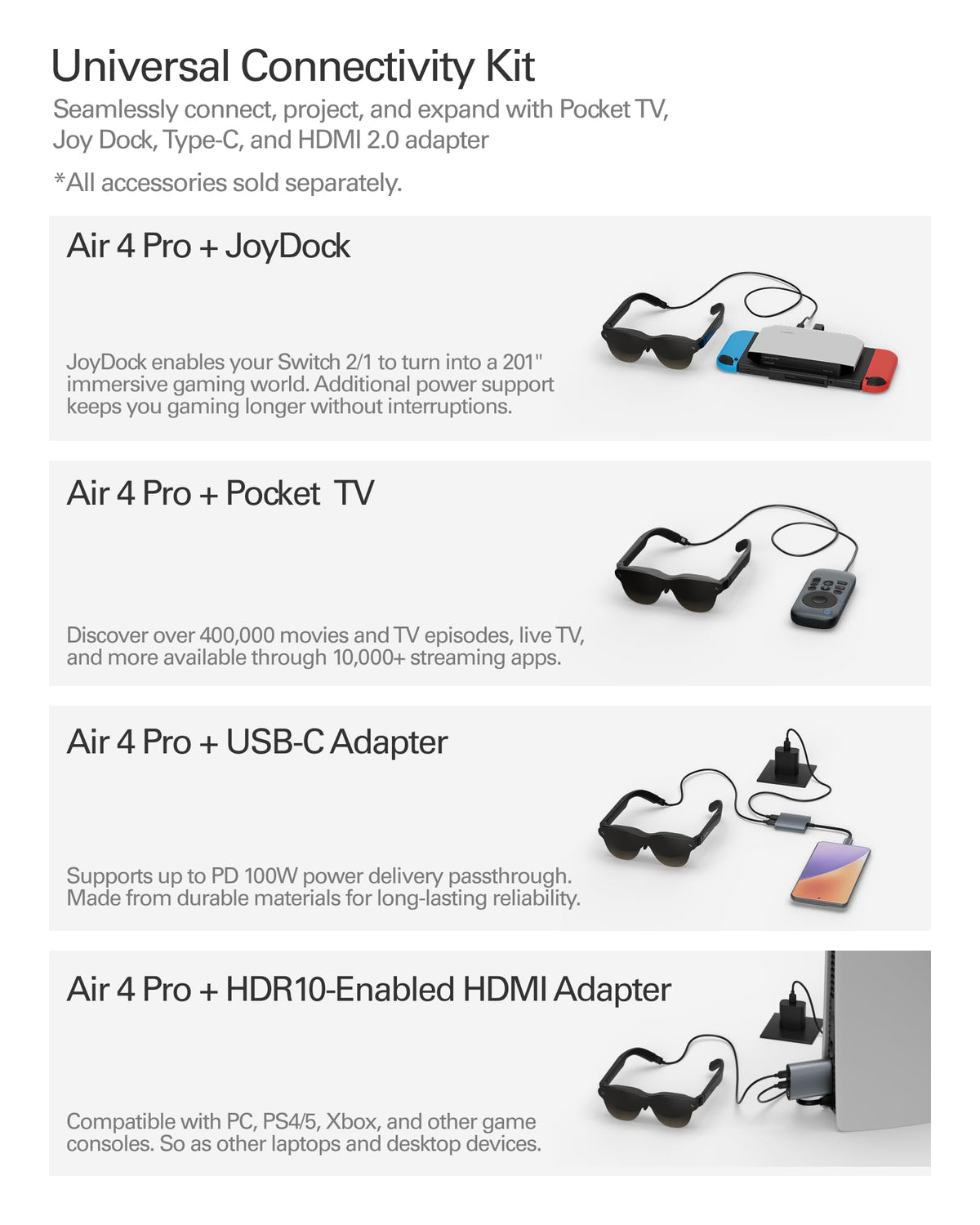 RayNeo Air 4 Pro AR Glasses - 201" HDR10 Virtual Display, 120Hz Gaming, Bang & Olufsen Audio | Plug & Play USB-C